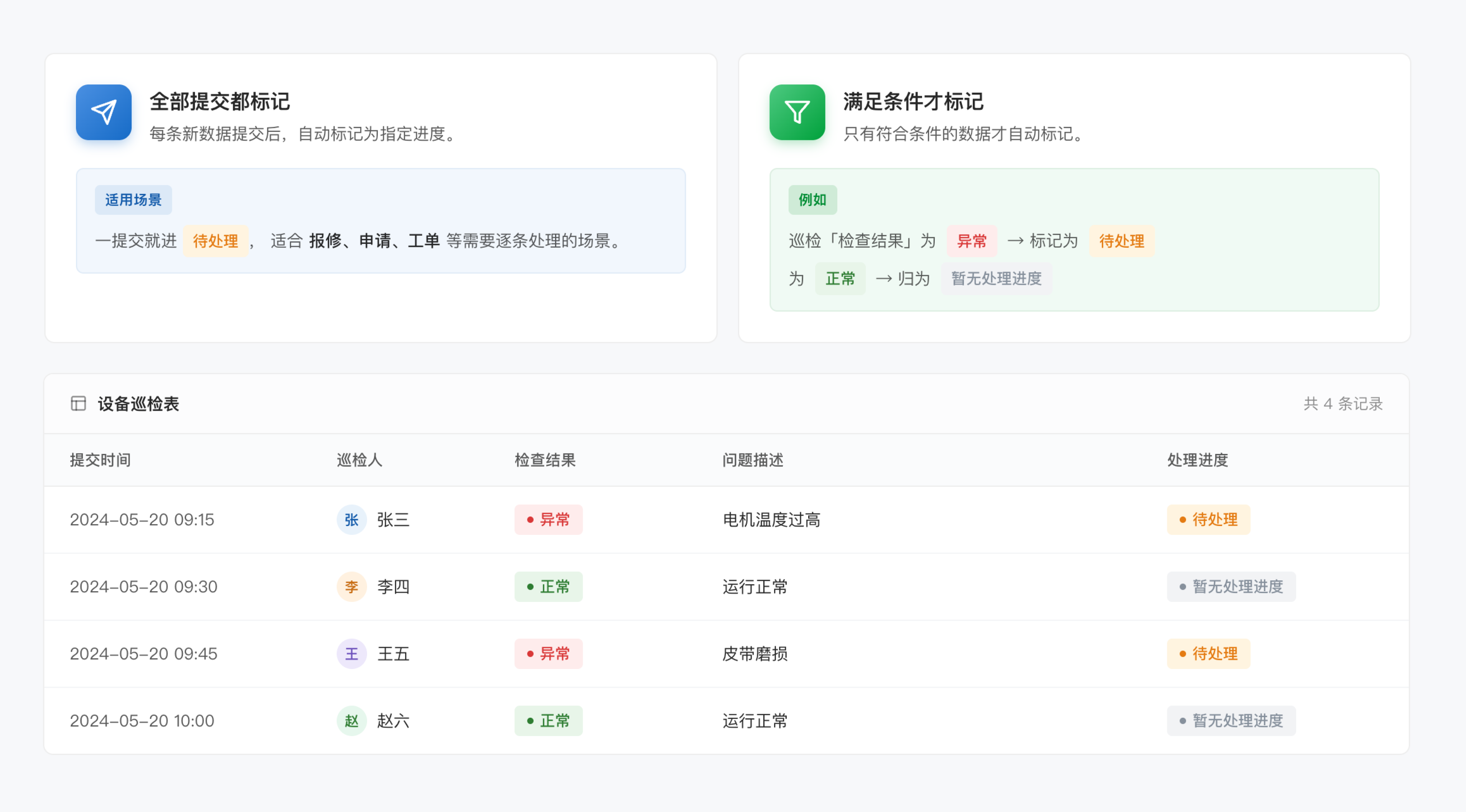 处理进度新增自动更新进度规则:按提交内容自动判断是否标记